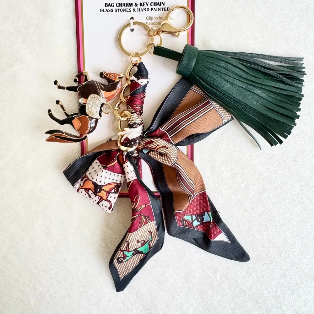 Piper K Equestrian Key Chain / Bag Charm w/ Tassel, Scarf, Chain, & Horse Charm